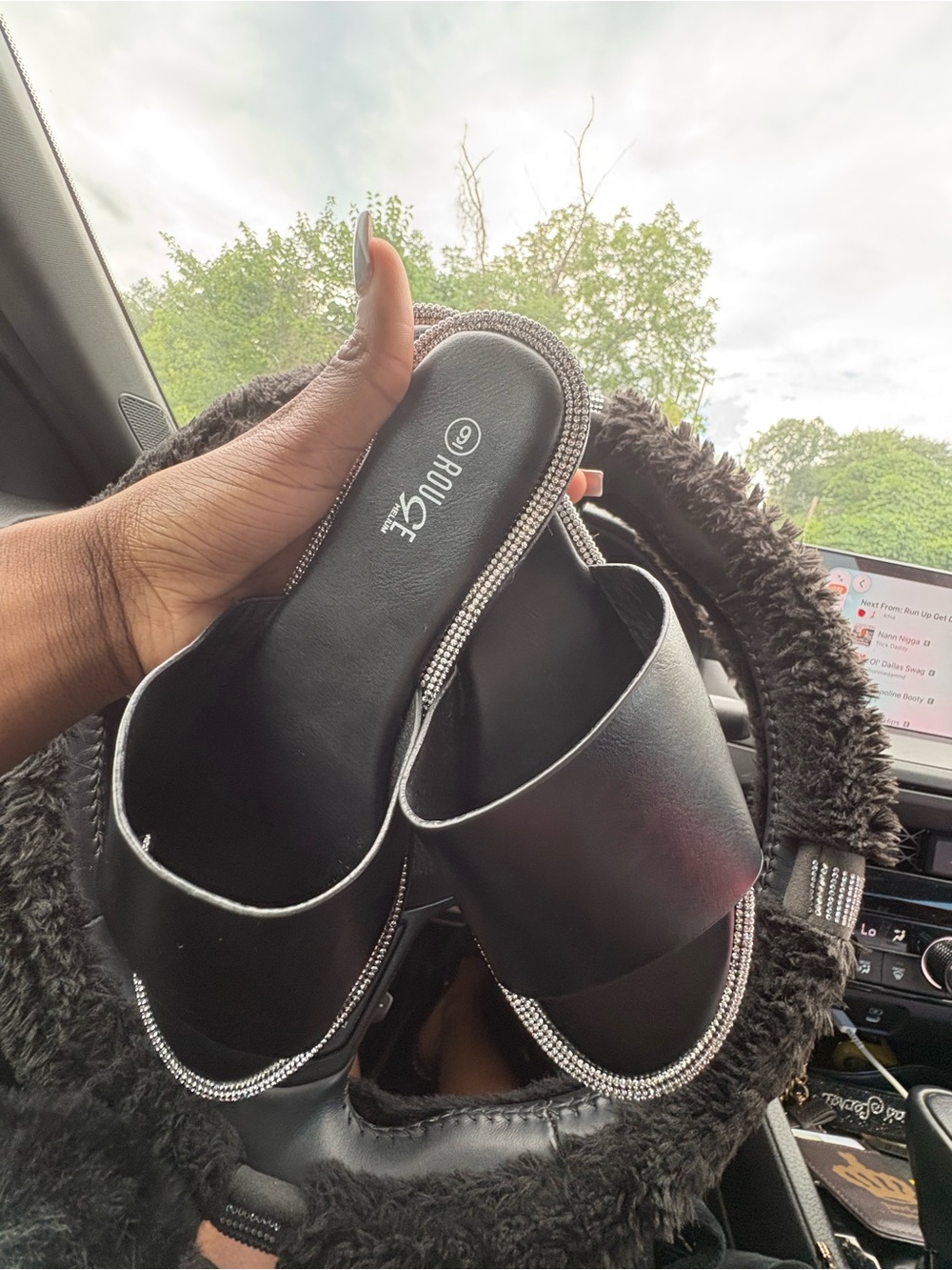 No Boundaries Black Slide Mules with Rhinestone Trim